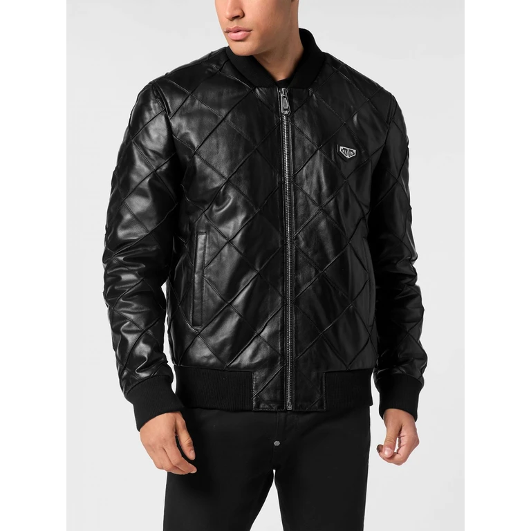 Quilted Leather Bomber Jacket with Zip Closure and Applied Logo (UADCMLB1926PLE010N0291)