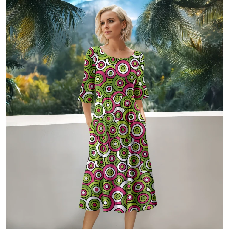 Three Quarter Sleeve Midi Dress with Pockets by Bon Apple Tea - Grey and Black