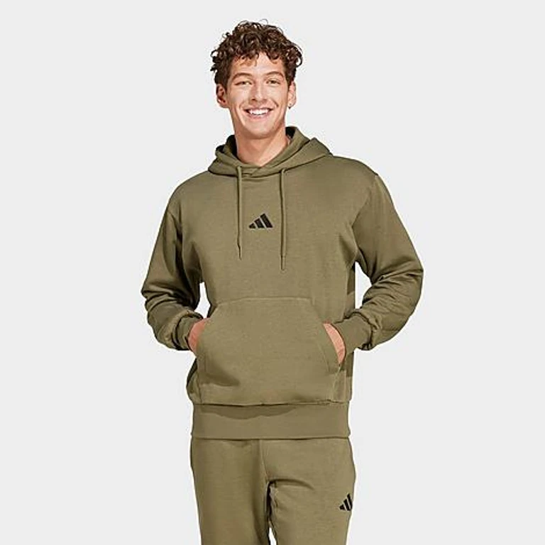 adidas Men's Essentials Feelcozy Fleece Pullover Hoodie in Olive Strata/Black Size: Small