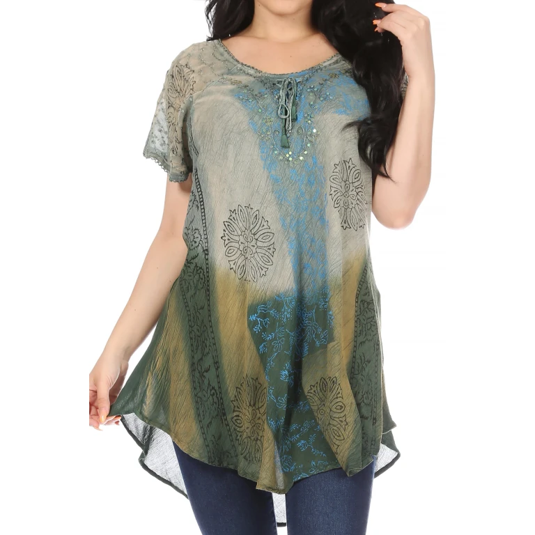 Sakkas Marzia Women's Loose Fit Short Sleeve Casual Tie Dye Batik Blouse Top Tunic