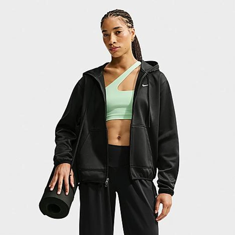 Nike Women's Studio Fleece Sport Therma-FIT Full-Zip Hoodie in Black/White Size: XXS