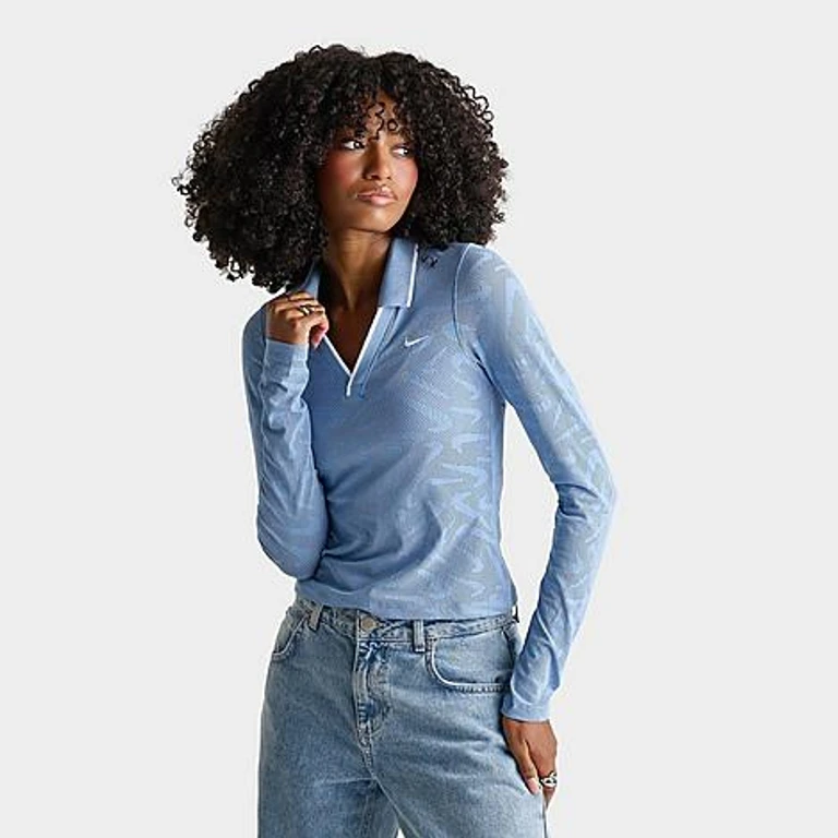 Nike Women's Sportswear Chill Knit Tight Mod-Cropped Long-Sleeve Lace Top in Work Blue/White Size: XS