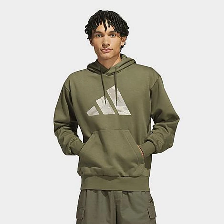 adidas Men's Camo Big Logo Graphic Pullover Hoodie in Olive Strata Size: XS