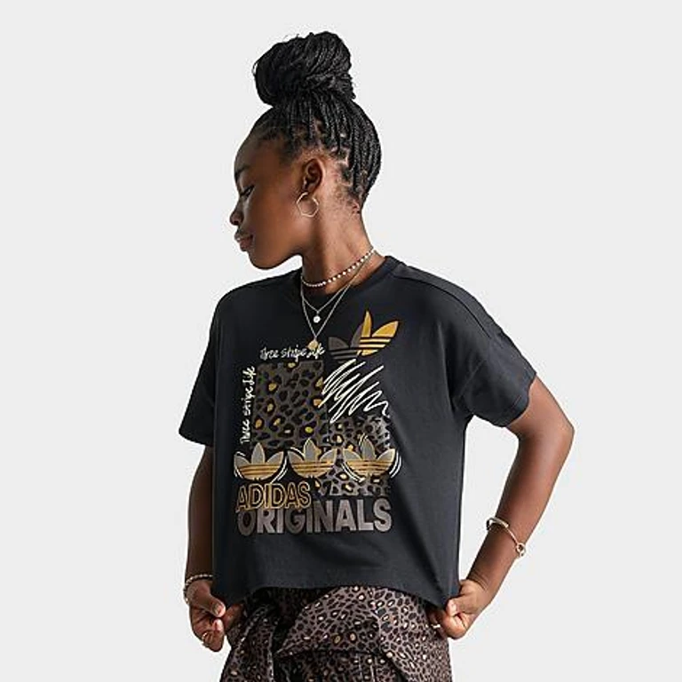 adidas Girls' Big Kids Originals Leopard Collage T-Shirt in Black Size: XS