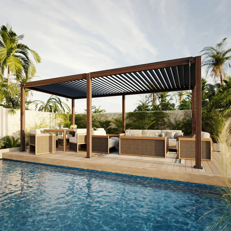 Takasho Acacia Finish Louvered Pergola:- 10' x 20'