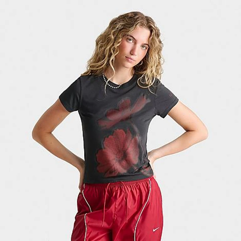 Women's Sportswear Floral Cropped Baby T-Shirt in Off Noir Size: XS
