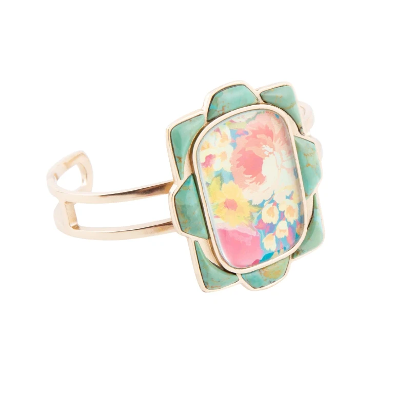 Scenic Floral Blue Turquoise and Golden Cuff Bracelet