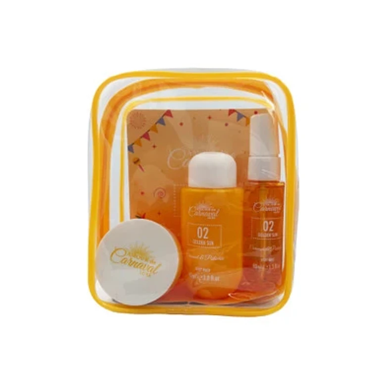 02 Golden Sun 4 Pcs Set for Women: 1.3 Body Mist + 1.6 Body Lotion + 3 Oz Body Wash + Cosmetic Bag