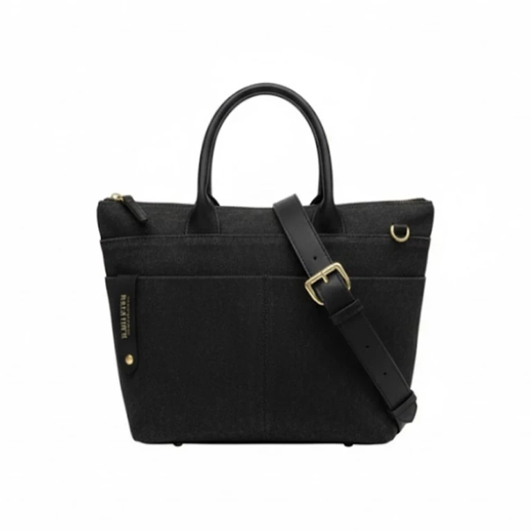 Dot Small Tote Black Washed Canvas + Black Leather