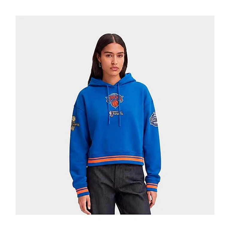 Women's New York Knicks NBA Classic Fleece Cropped Pullover Hoodie in Royal/Orange/Royal Size: XS