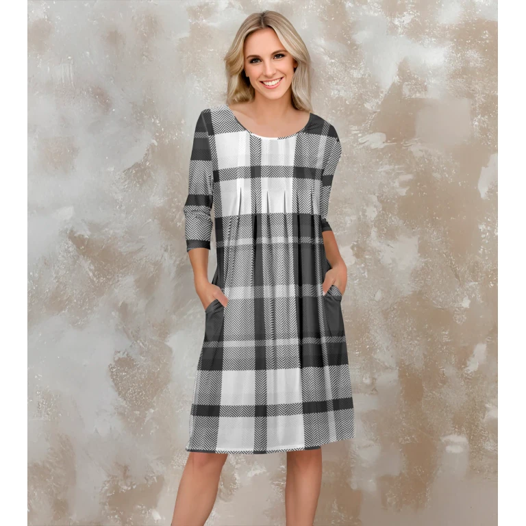 Three Quarter Sleeve Pleated Dress with Pockets by Bon Apple Tea
