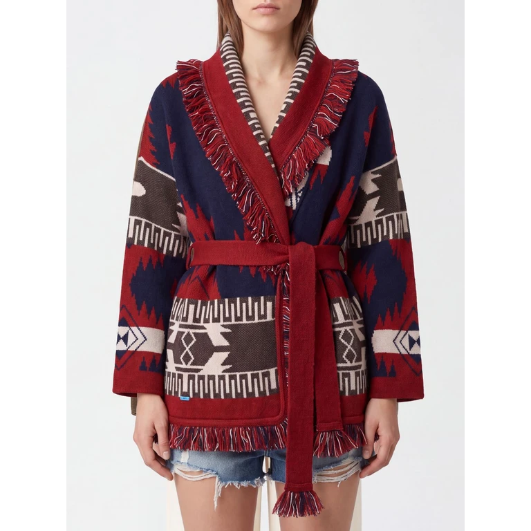 Cardigan robe en cachemire avec motif ethnique et franges