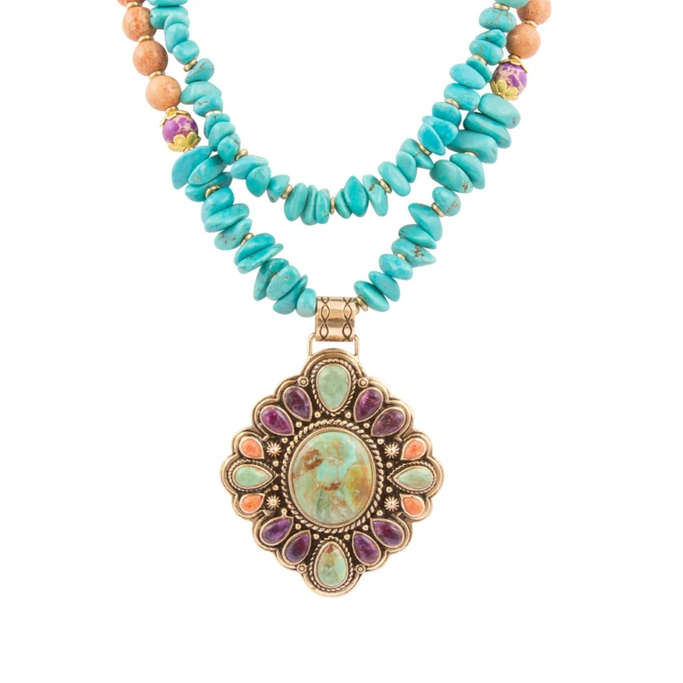 Prescott Blue Turquoise Purple and Orange Statement Pendant Golden Necklace