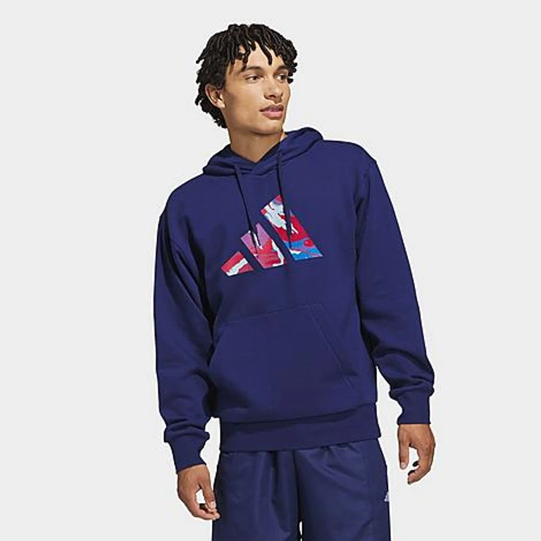 adidas Men's Camo Big Logo Graphic Pullover Hoodie in Dark Blue Size: XS