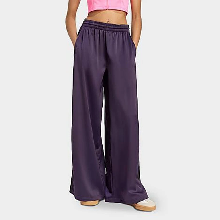 adidas Women's Originals adicolor Satin Wide Leg Track Pants in Aurora Plum/Black Size: 0