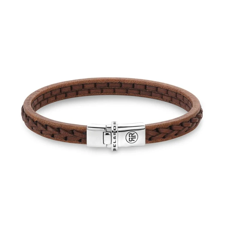 Stranded Cognac Brown Leather Bracciale RR-L0156-S - Dimension: 15 cm - XS