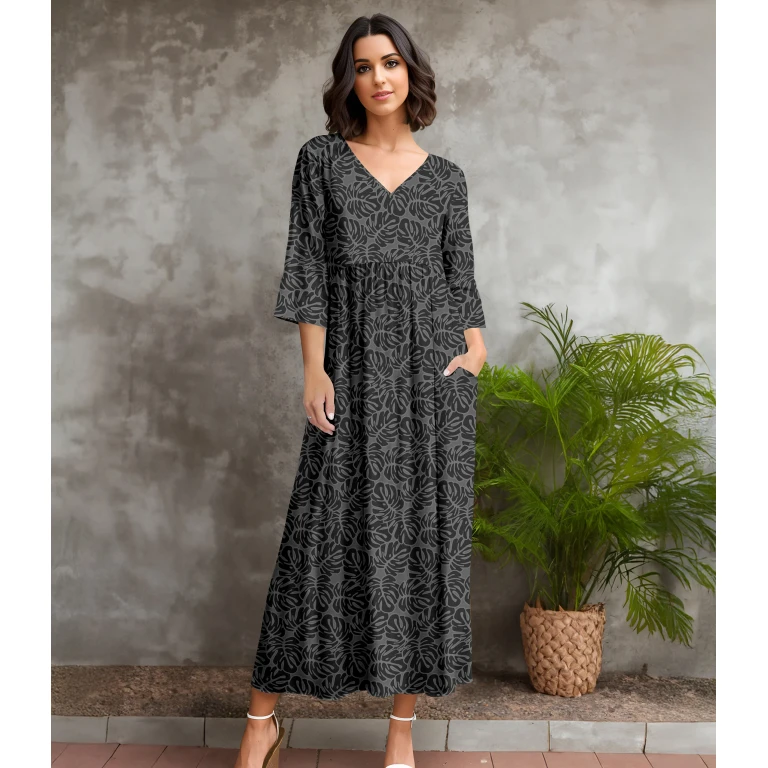 Three Quarter Sleeve V-neck Maxi Dress with Pockets by Bon Apple Tea