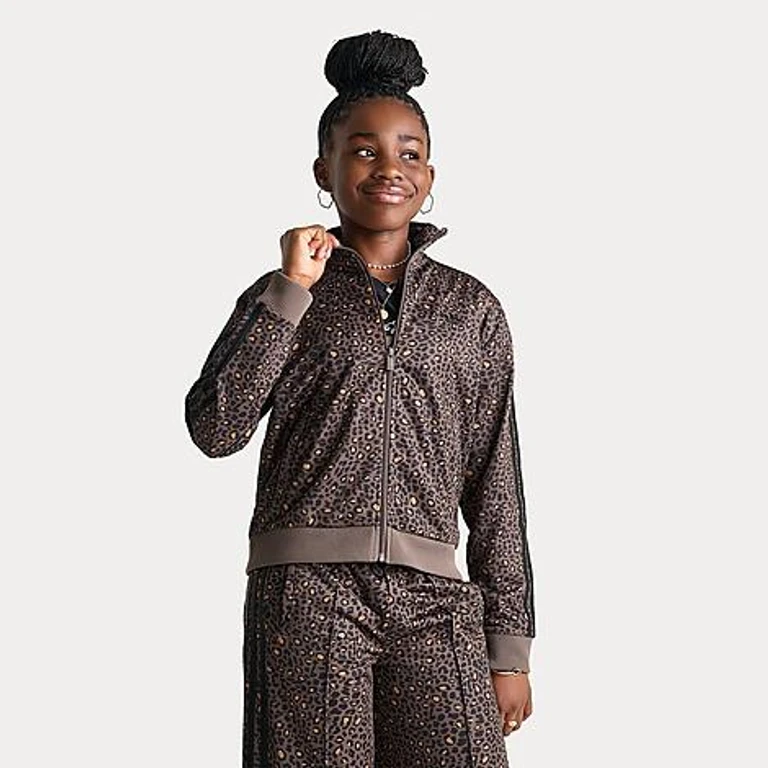 adidas Girls' Big Kids Originals Leopard Firebird Track Jacket in Earth Strata Size: XS