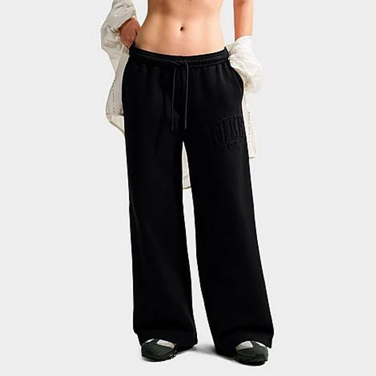 Nike Women's Studio Fleece Medium Weight "Graphic Pack" Embossed Mid-Rise Wide-Leg Pants in Total Black/Total Black Size: XXS