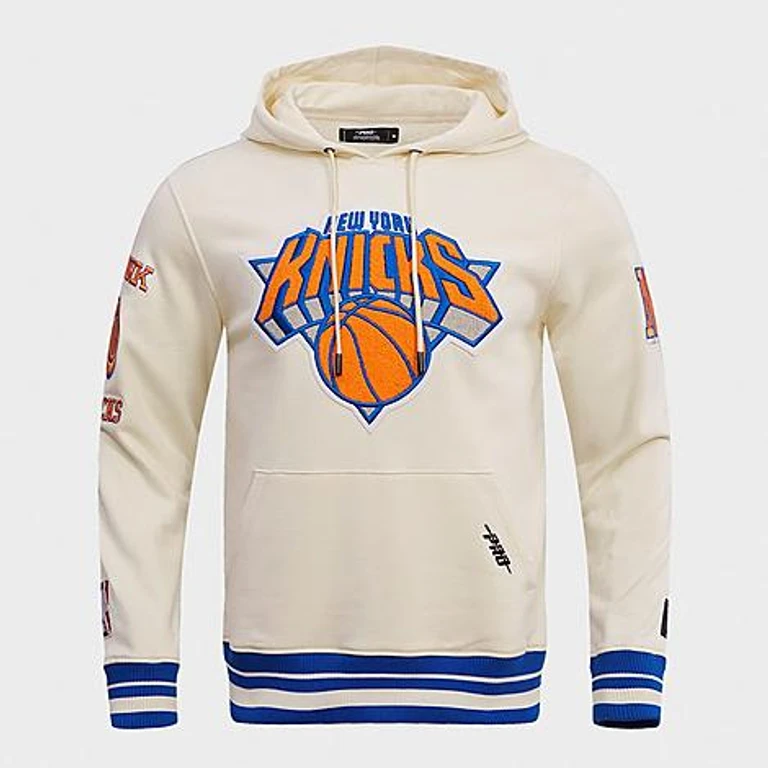 Men's New York Knicks NBA Retro Classic Fleece Pullover Hoodie in Eggshell/Royal Blue Size: Small