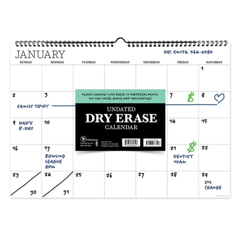 Undated 17" X 12" Dry Erase Medium Wire-o Hanging Horizontal Wall Calendar