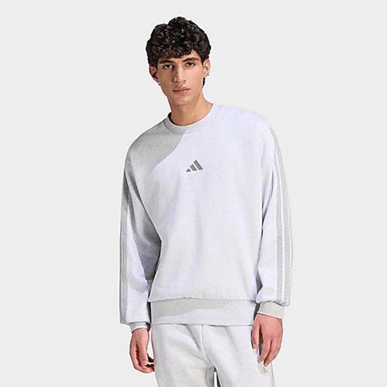 adidas Men's Essentials 3-Stripes Fleece Crewneck Sweatshirt in Light Grey Heather/Medium Grey Heather Size: XS