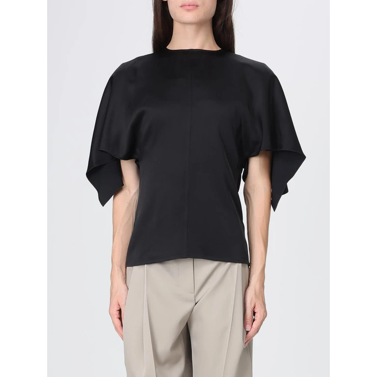 Blusa de decote redondo em cetim com mangas curtas e fecho de laço