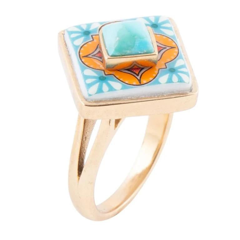 Talavera Tile Blue Turquoise Golden Ring