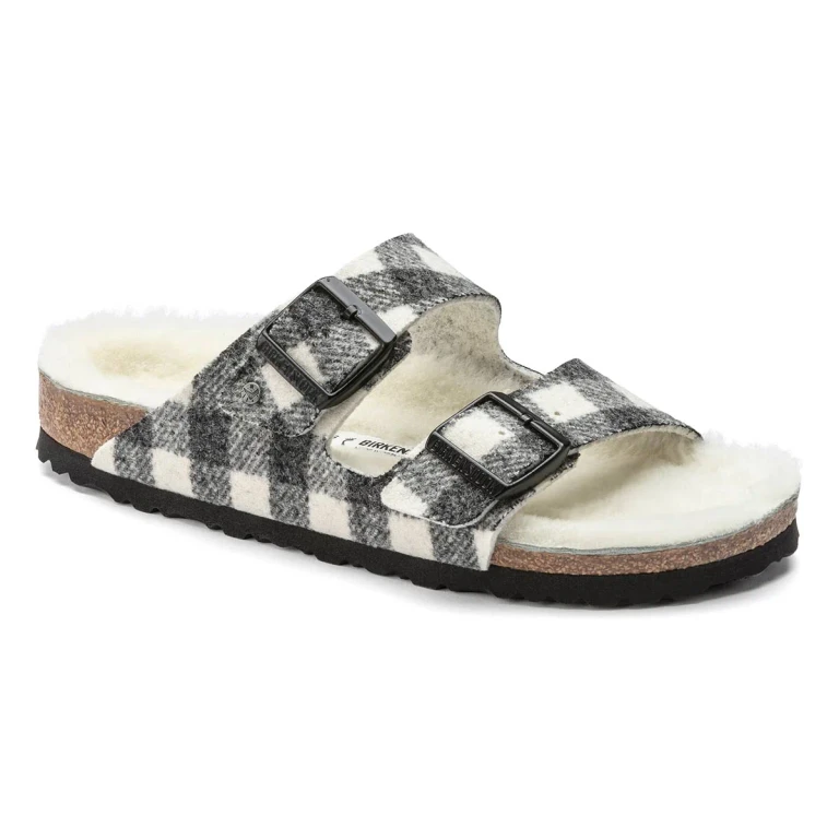 Arizona Shearling Wool Plaid White Sandals