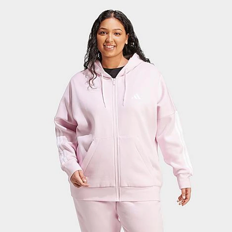 adidas Women's Sportswear Essentials 3-Stripes Full-Zip Fleece Hoodie (Plus Size) in Clear Pink/White Size: 1X