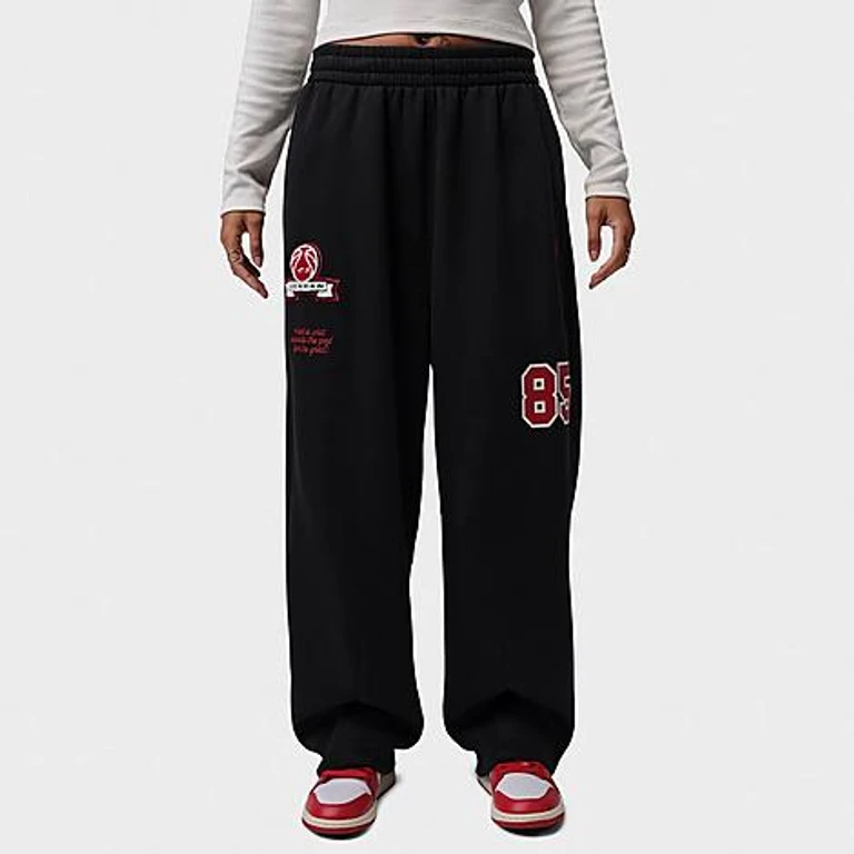 Brooklyn Fleece Wide-Leg Graphic Pants in Black/Gym Red