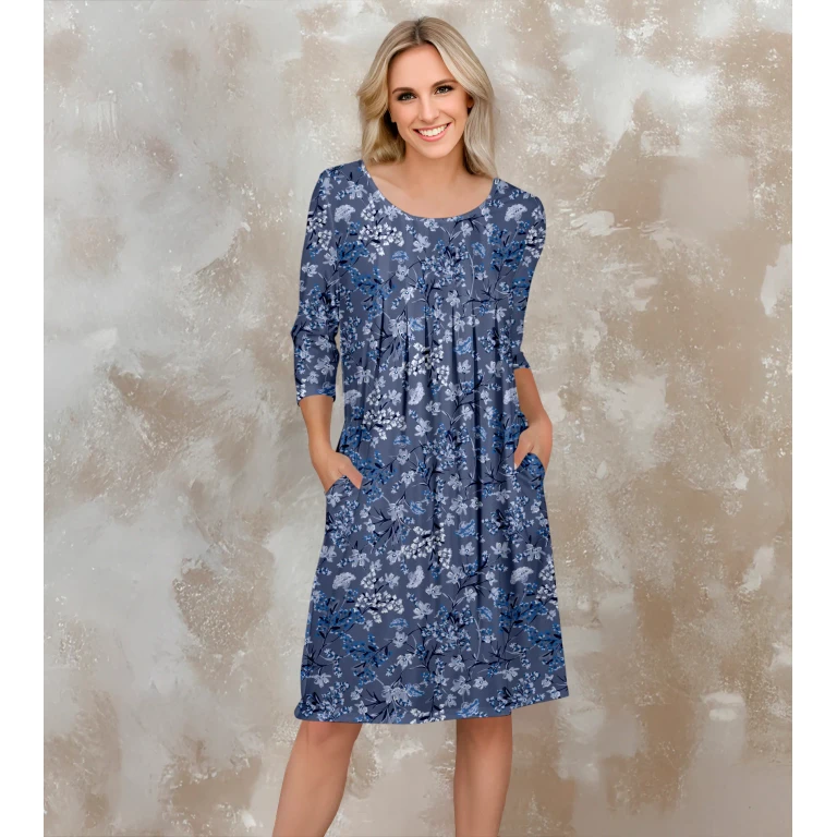 Three Quarter Sleeve Pleated Dress with Pockets by Bon Apple Tea