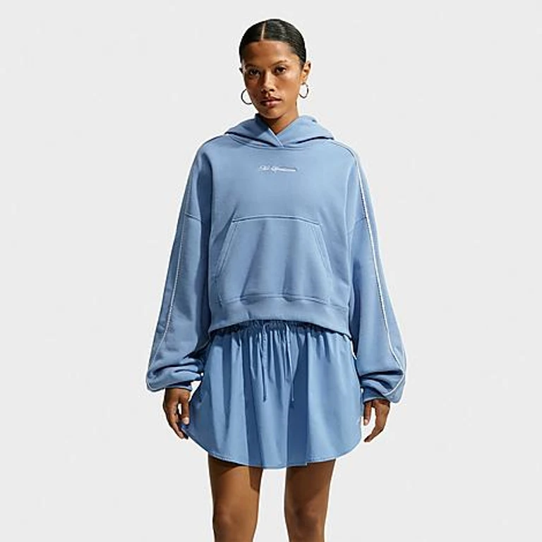 Studio Fleece Medium Weight "Graphic Pack" Cropped Pullover Hoodie in Work Blue/Sail/Work Blue