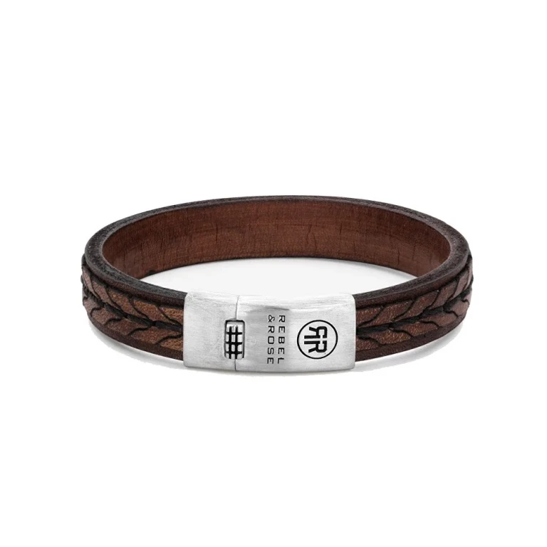 Men's Woven Leather Bracelet Cognac Rr-L0079-S - Size: 19 Cm - L