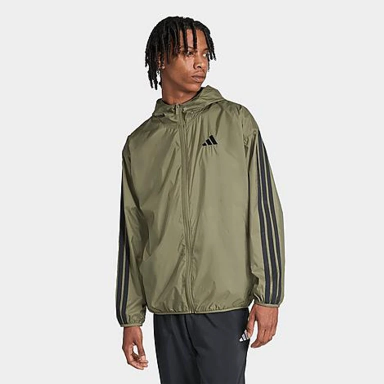 adidas Men's Essentials 3-Stripes Full-Zip Windbreaker Jacket in Olive Strata/Black Size: XS