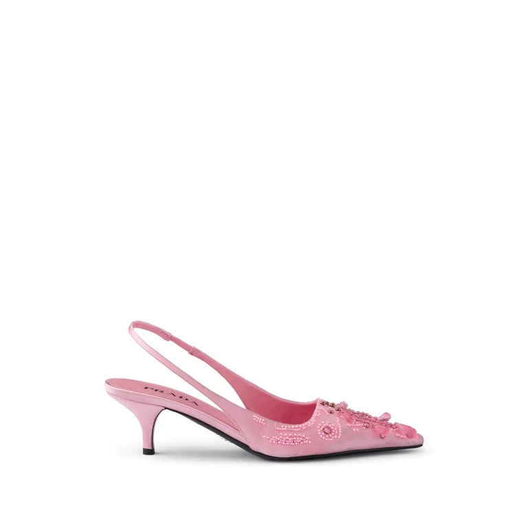 Embroidered Satin Slingback Pumps