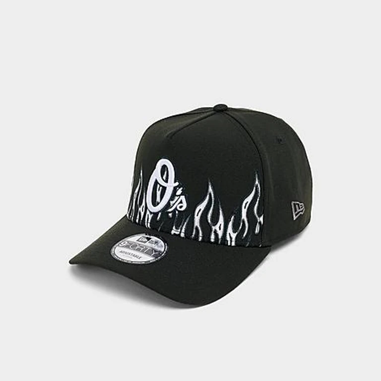 Baltimore Orioles MLB Large Flame Logo 9FORTY A-Frame Snapback Hat in Black/White