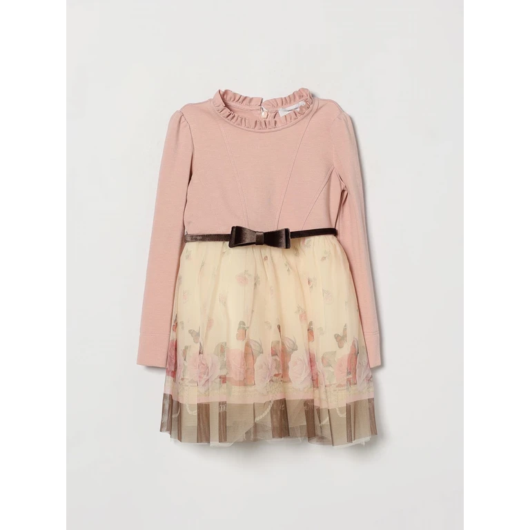 Meisjesjurk in roze met bloemenprint van gebreide stof