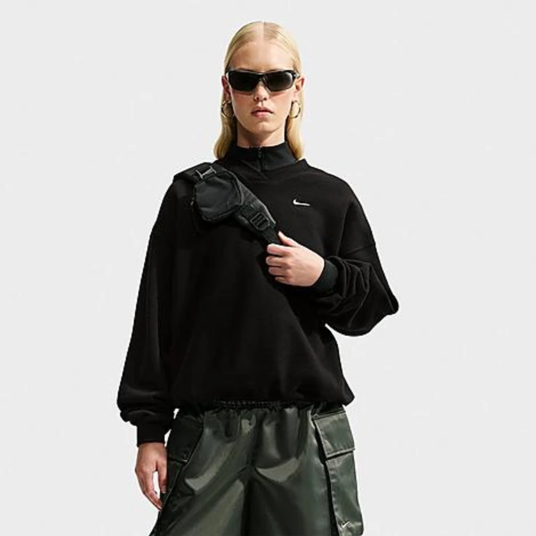Nike Women's Studio Fleece Medium Weight Oversized V-Neck Sweatshirt in Total Black/Sail Size: XXS