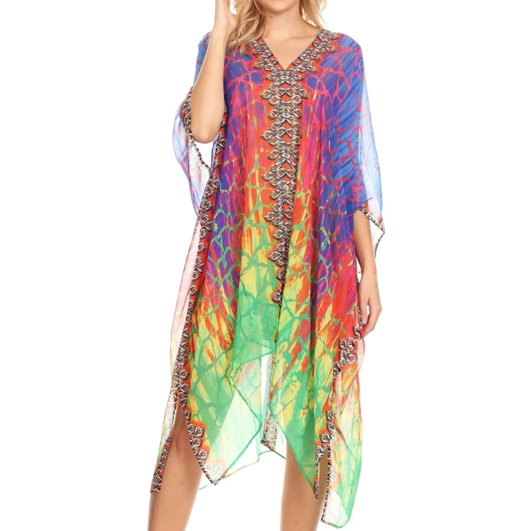 Sakkas Alvita Women's V Neck Beach Dress Top Caftan Cover up with Rhinestones