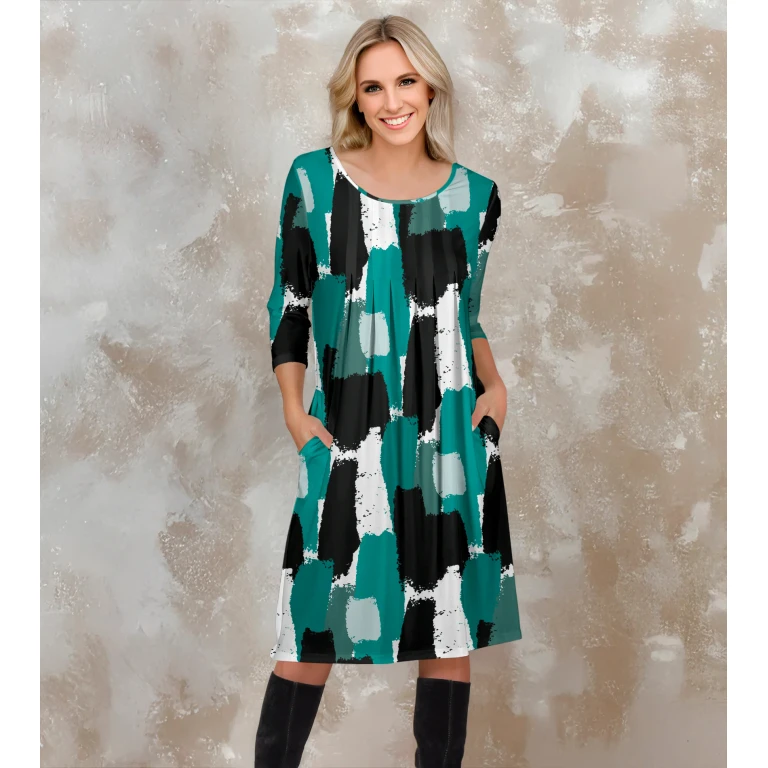 Three Quarter Sleeve Pleated Dress with Pockets by Bon Apple Tea
