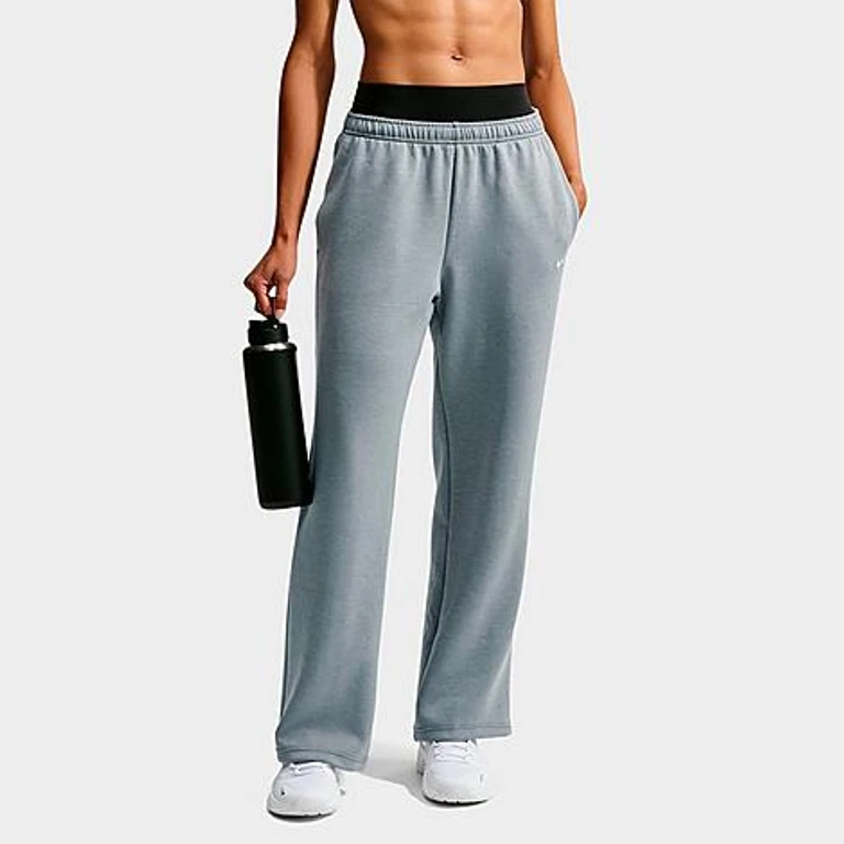 Nike Women's Studio Fleece Sport Dri-FIT Mid-Rise Open-Hem Pants in Smoke Grey/Heather/White Size: XXS