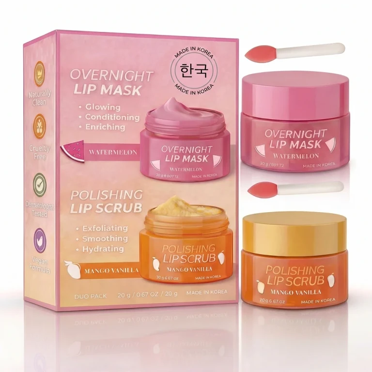Korean Skincare Lip Care Duo Set - Mango Vanilla Exfoliating Lip Scrub & Watermelon Overnight Lip Mask