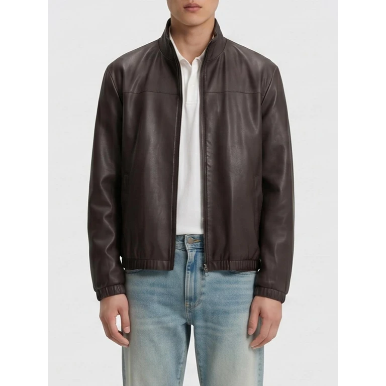 Vintage-Style Leather Jacket with High Collar and Elasticated Hem (50562919210)