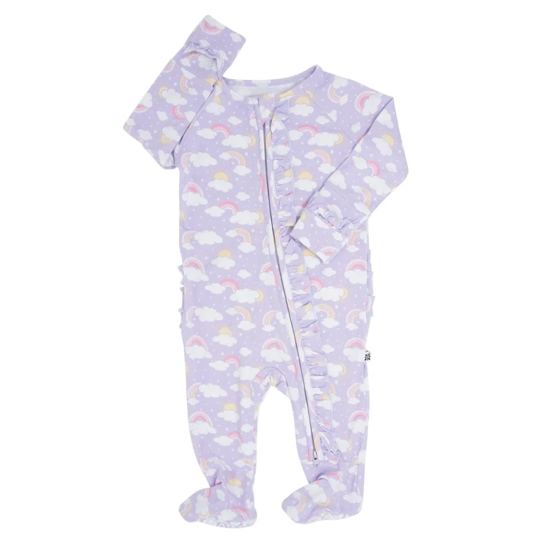 Lavender Rainbows and Clouds Ruffle Baby Footie