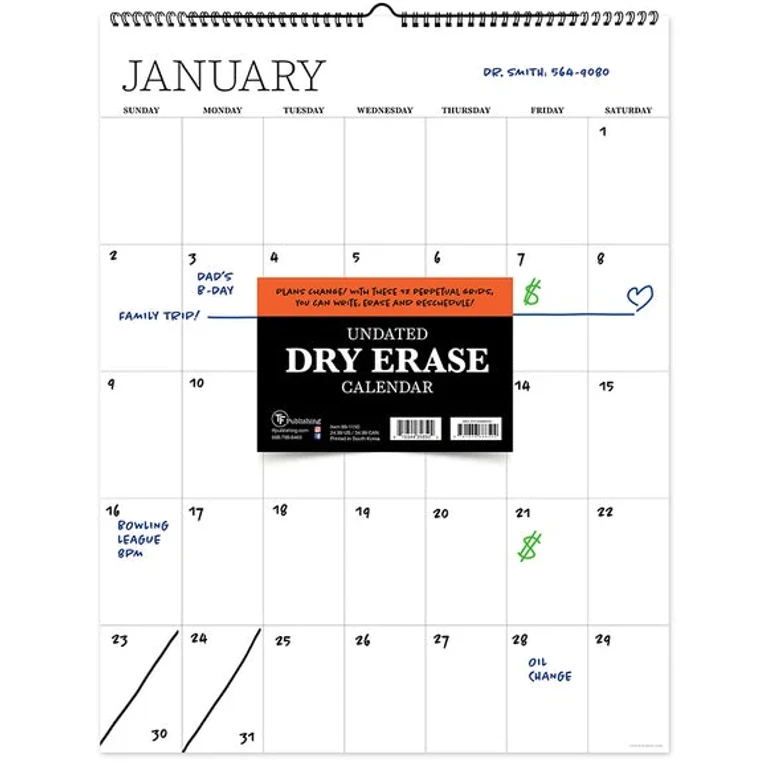 Undated 17" X 22" Dry Erase Large Wire-o Hanging Vertical Wall Calendar