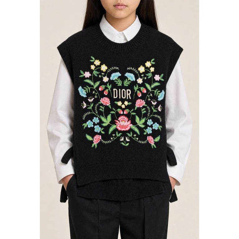 Kidss Black Wool Sleeveless Sweater