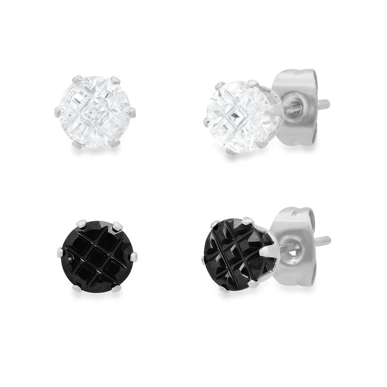 Black & Silver Cross Cut CZ Stud Set