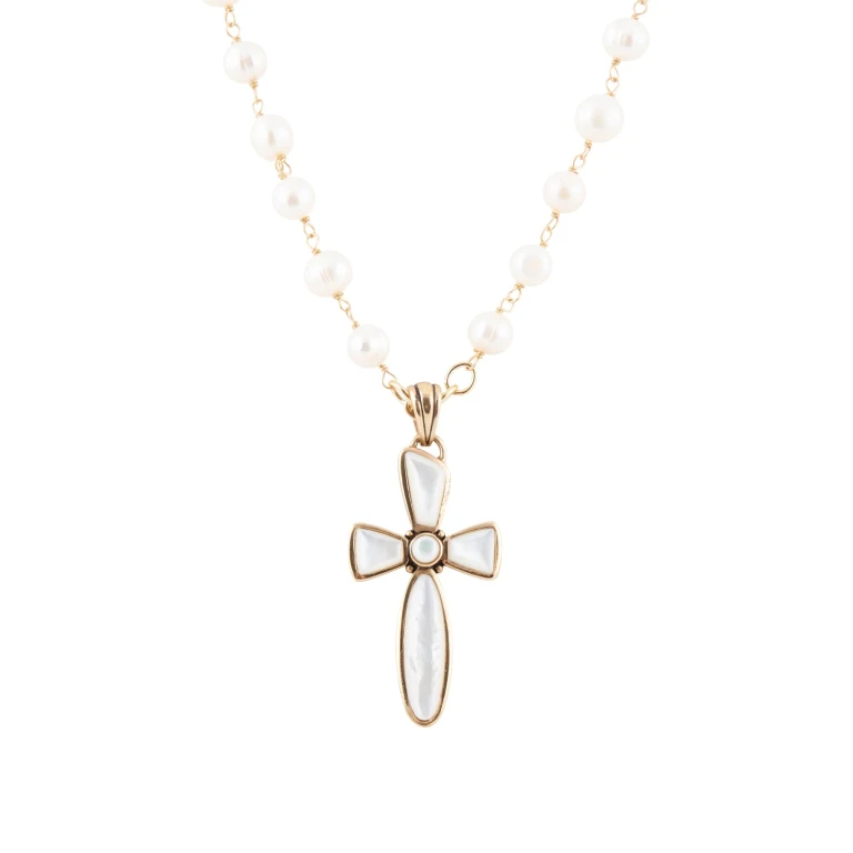Las Cruces White Pearl Cross Pendant Necklace