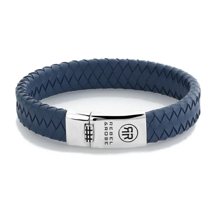 Braided Flat 925 Blue Leather Bracciale RR-L0151-S - Dimension: 17.5 cm - M